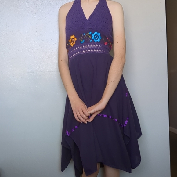 Handmade Dresses & Skirts - Purple Halter Sundress With Crocheted And Embroidered Details